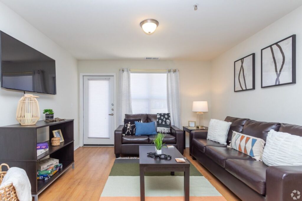 Open-concept student living room and kitchen in a Greenville, NC apartment unit